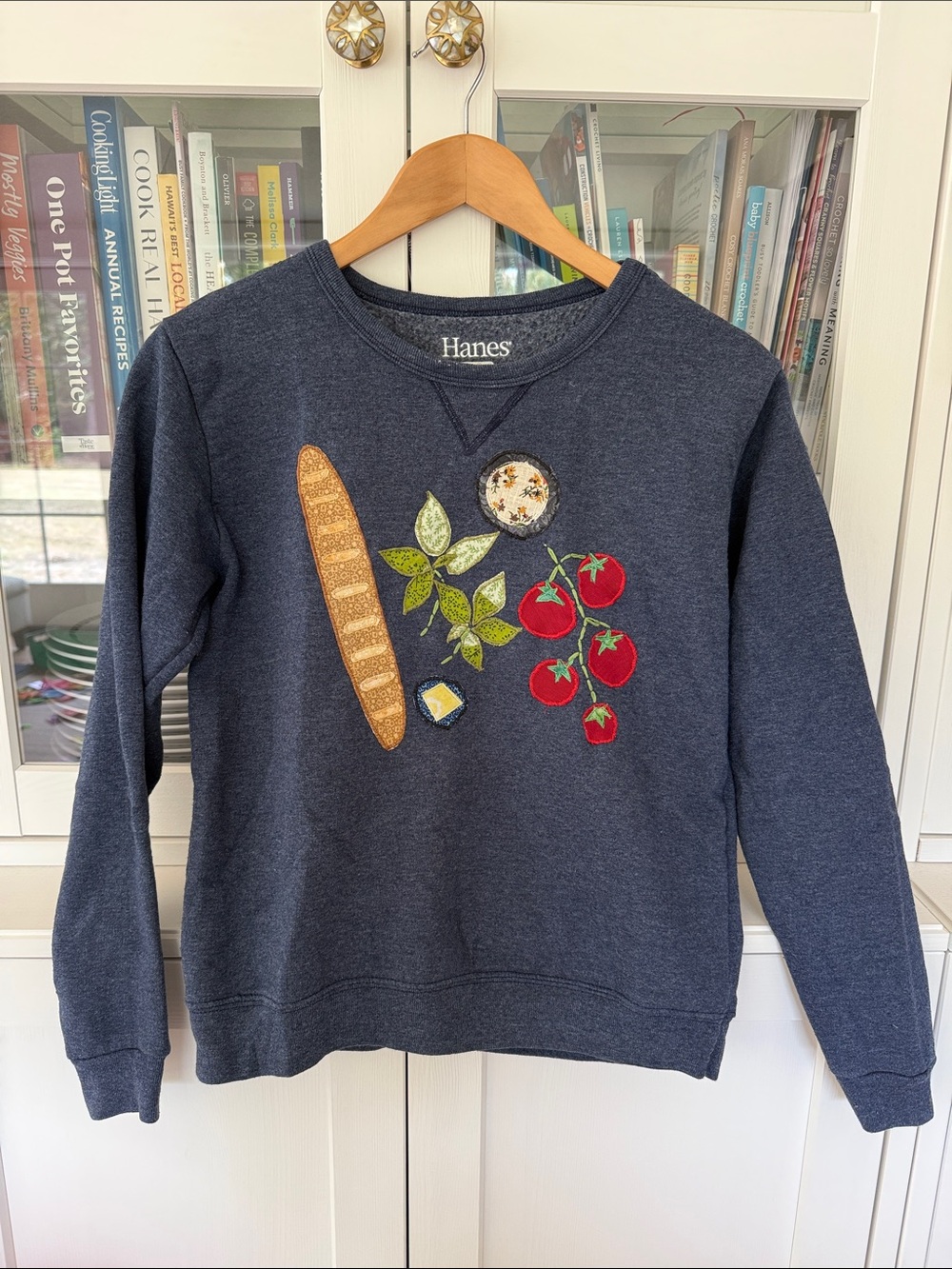 Hanes Navy Crewneck Sweatshirt with Red Tomato & Brown Baguette Appliqués